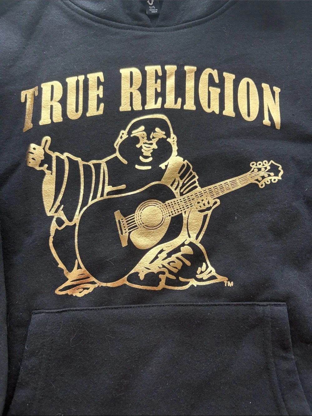 True Religion Black Pullover Hoodie with Gold Buddha Graphic